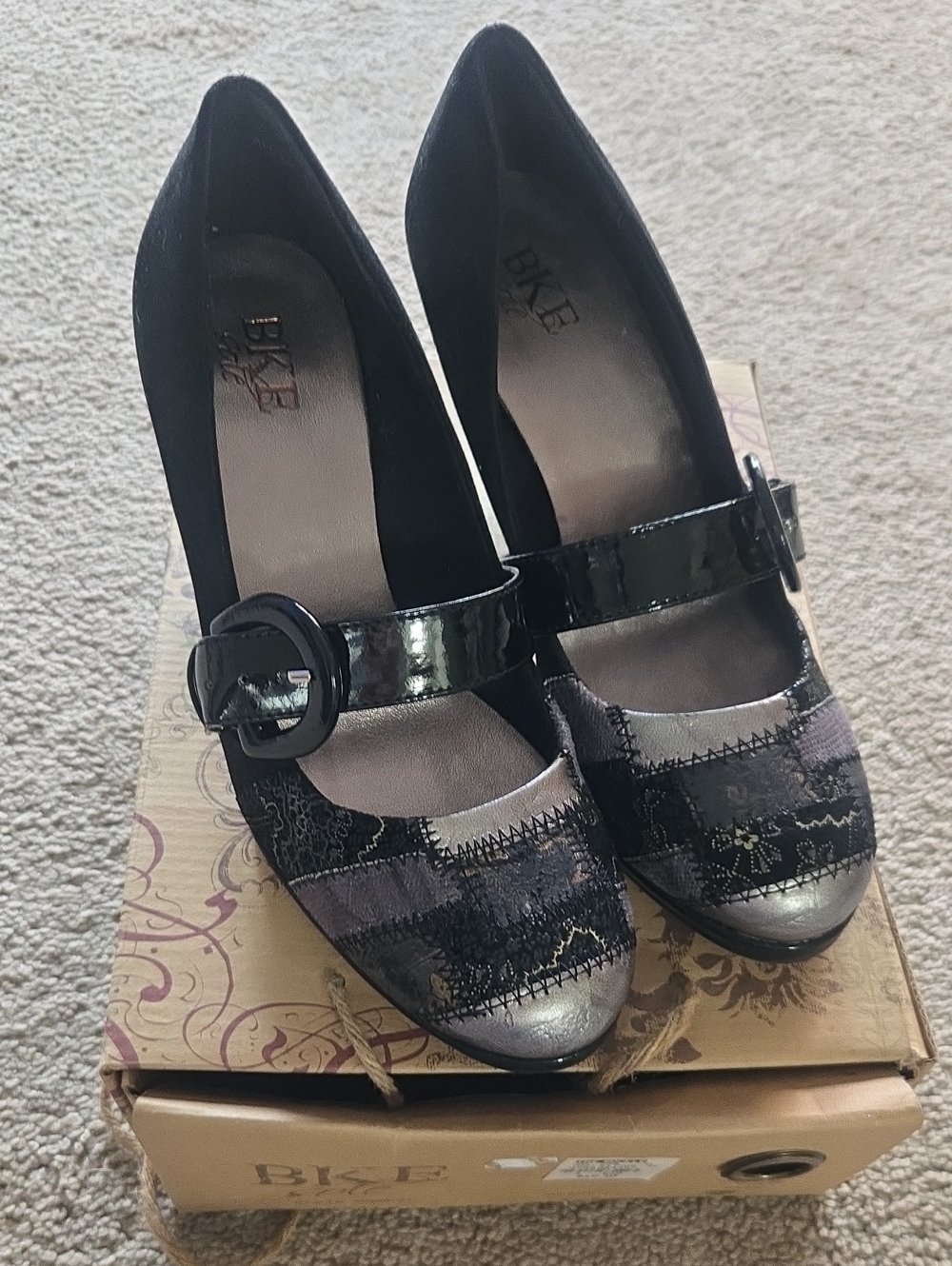 BKE Black Mary Jane Heels with Patchwork Metallic Accents